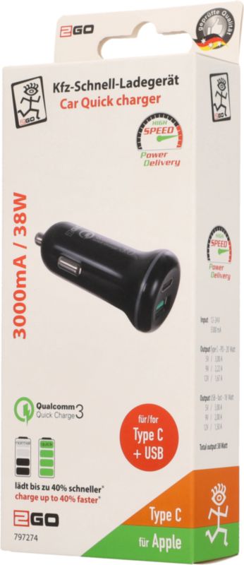 Chargeur de voiture USB type C 3.0 A