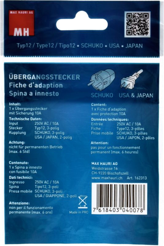 Adaptateur de voyage DE/US/JP vers CH